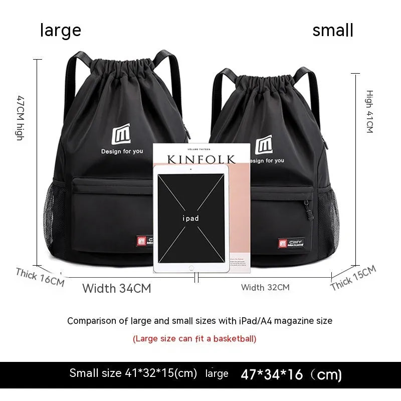 Water-repellent Oxford travel backpack with drawstring closure in black colour showing bucket shape and double shoulder straps