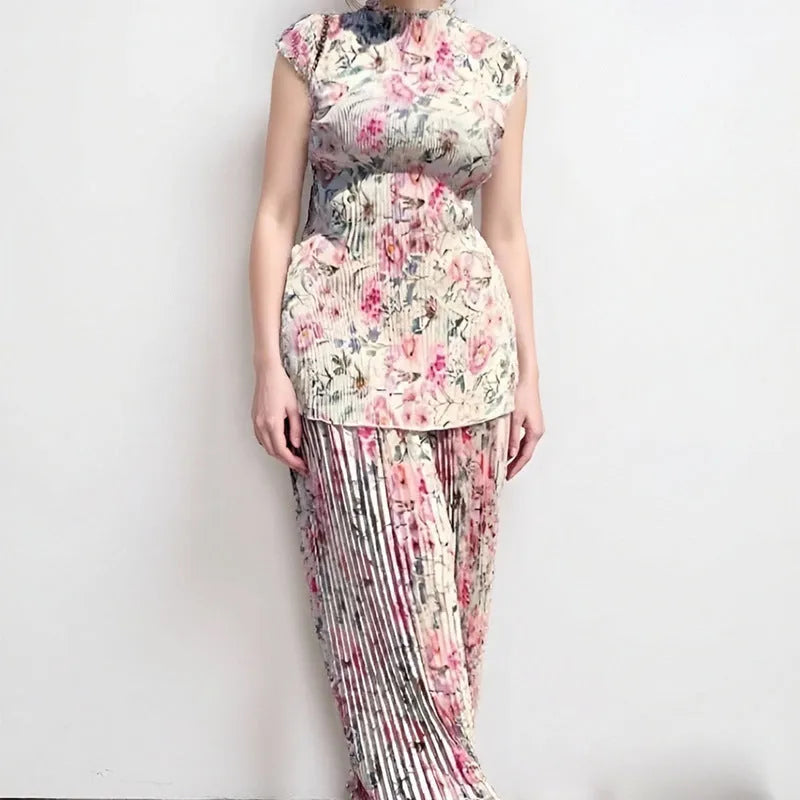 Women's printed long sleeve chiffon top with matching high-waisted skirt two-piece set