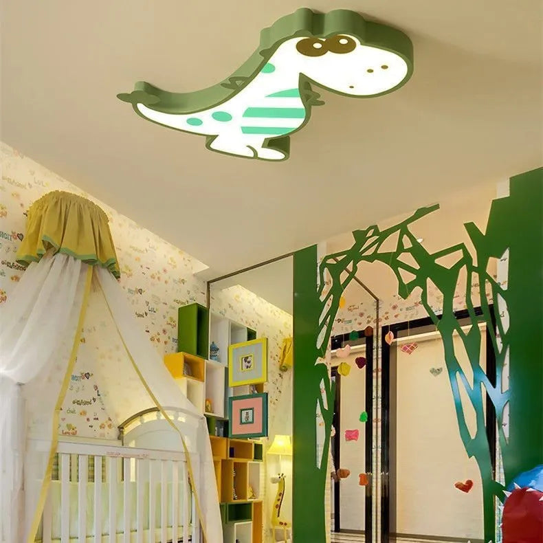 48cm cartoon dinosaur ceiling light with aluminum body and white PVC shade, showing dimmable LED lighting.