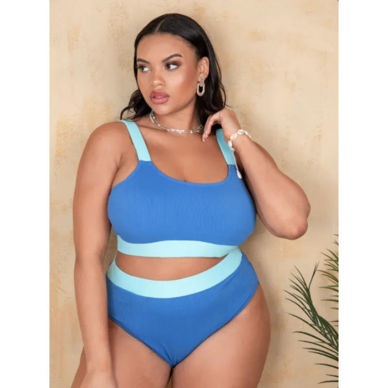 Women's high-waist polyester bikini in solid colour with stitching details, shown in extended sizes