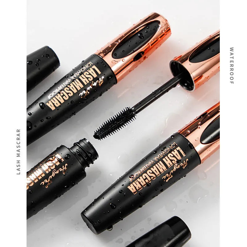 Black waterproof and sweat-proof mascara for thick, curled lashes, shown with OPP bag or colour box packaging.