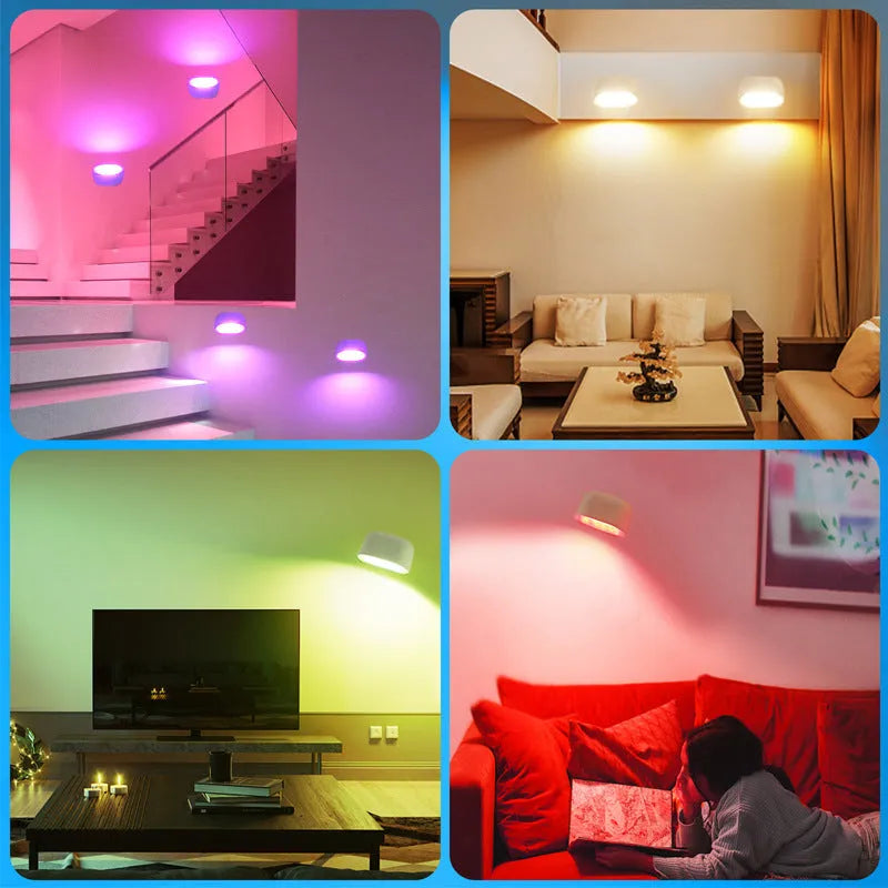 White plastic remote control magnetic wall lamp with colour-changing LED lights on a wall.
