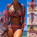 Women's three-piece swimsuit set showing high-waisted briefs, sleeveless blouse and cover-up coat in matching colour