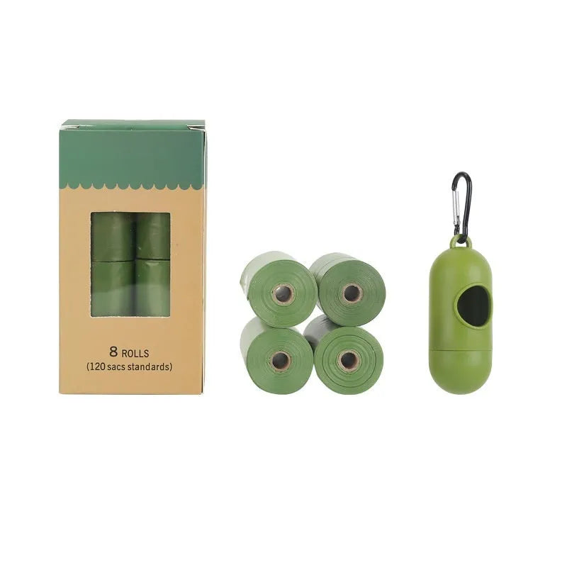 EPI degradable pet waste bags in green, black, blue, purple and orange colours with dispenser