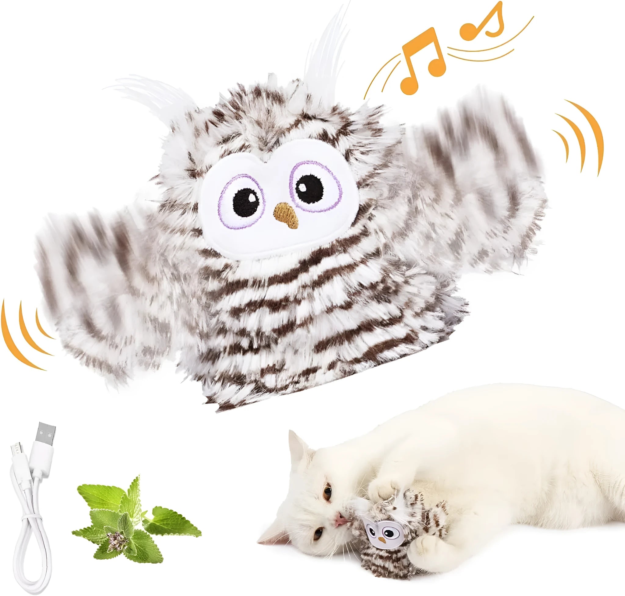 Grey automatic owl cat toy with flapping wings and USB charging cable
