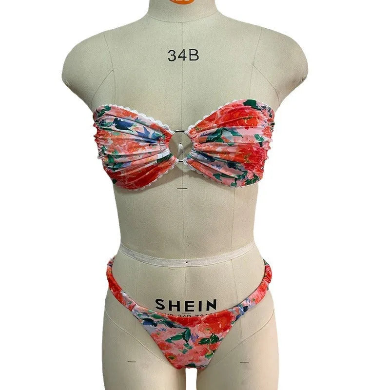 Women's floral print lace detail tube top bikini with matching shorts in blue, yellow, pink, or multi-colour.