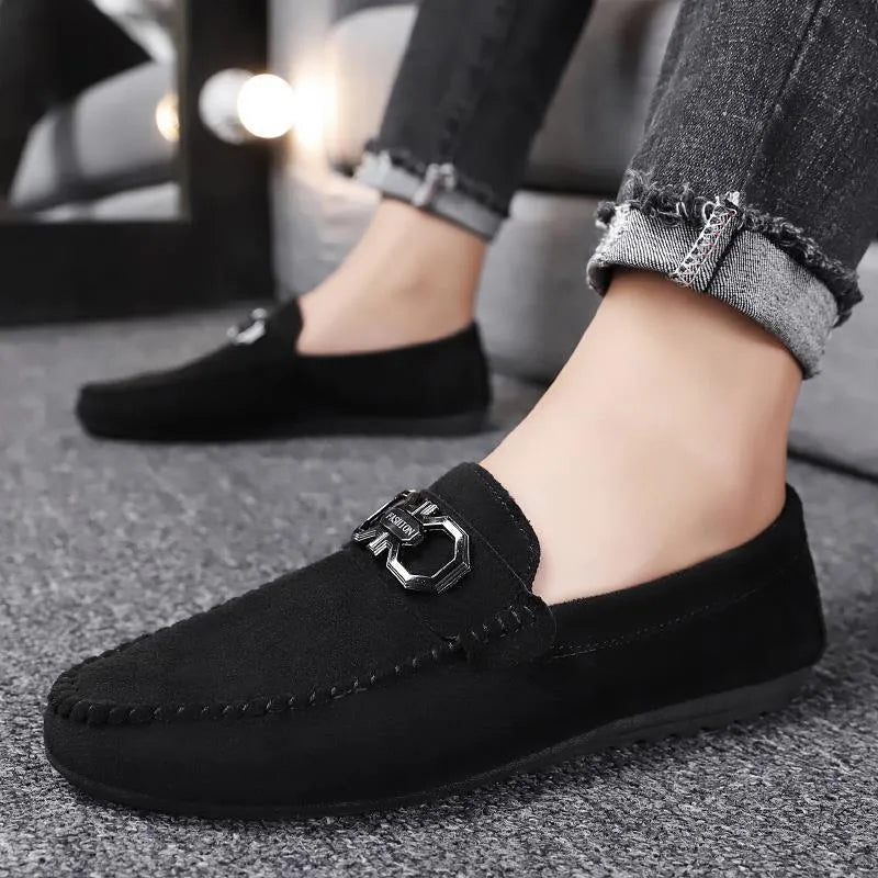 Men's black and grey suede casual shoes with leather details and rubber sole