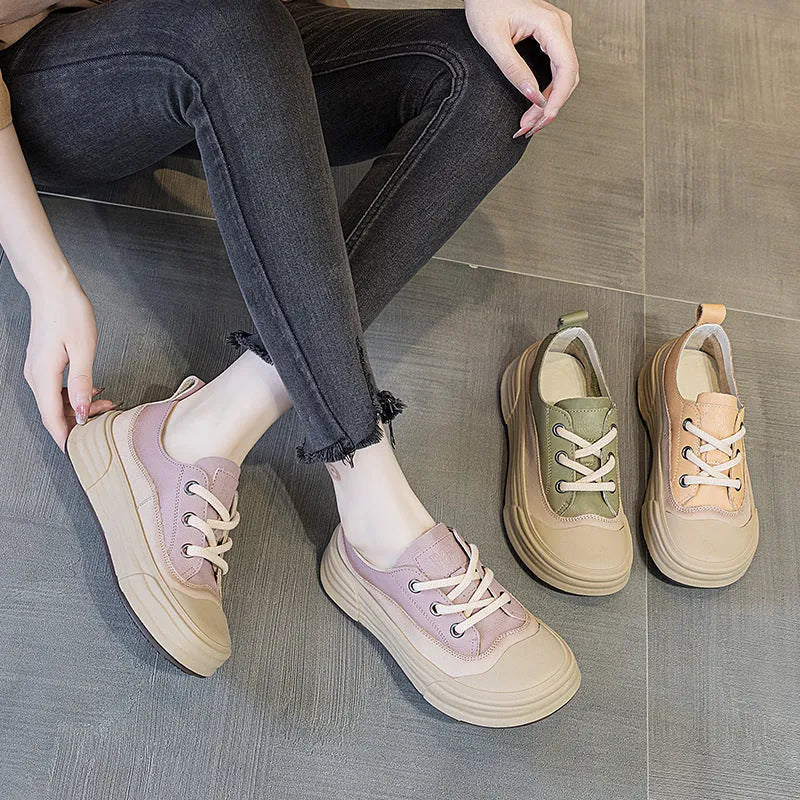 Women's matcha green leather platform sneakers with round toe and lace-up front.