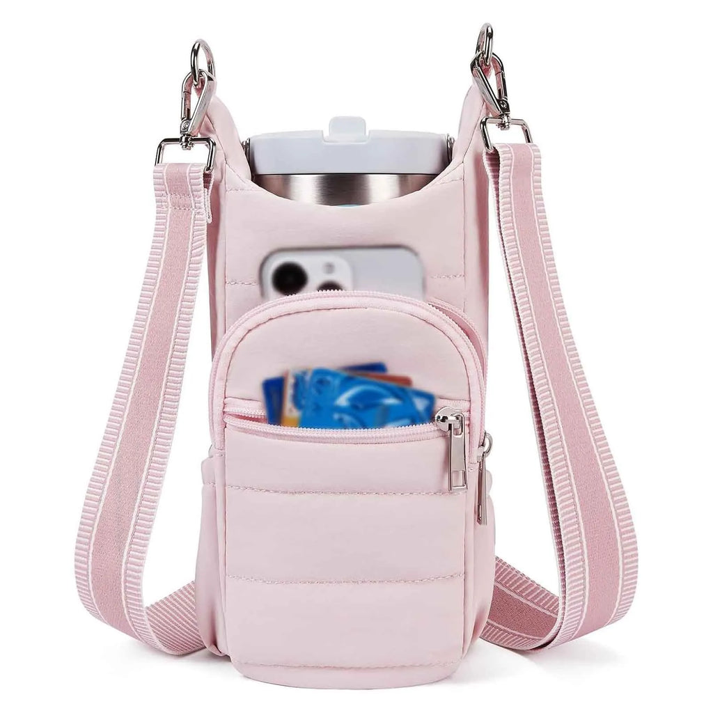 Cloth water bottle bag mounted on bicycle handlebars in beige colour