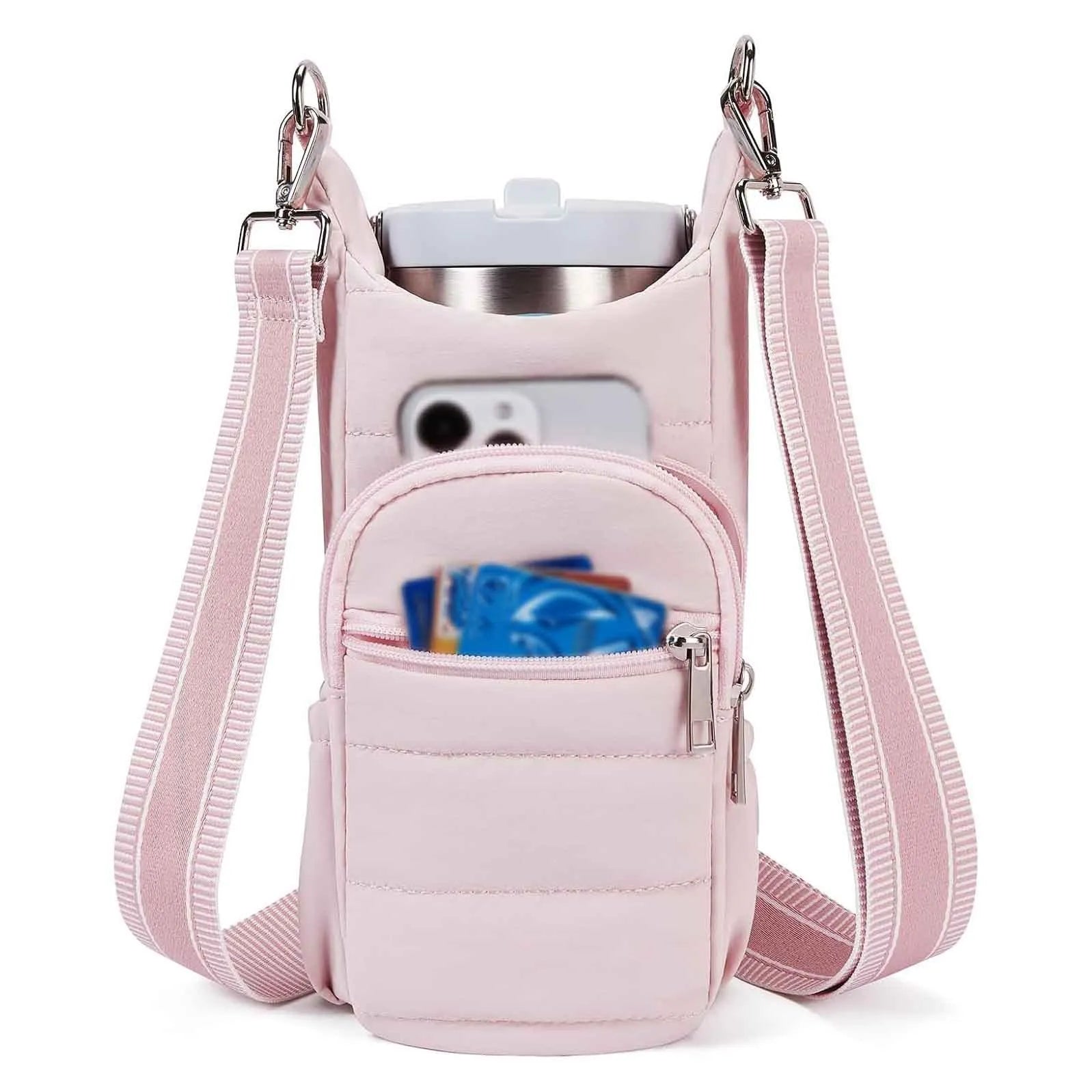 Cloth water bottle bag mounted on bicycle handlebars in beige colour