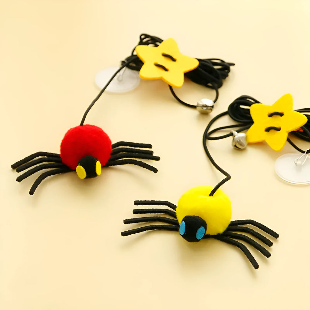 Red or yellow cat hanging door toy with elastic rope, feather, and bell for interactive play