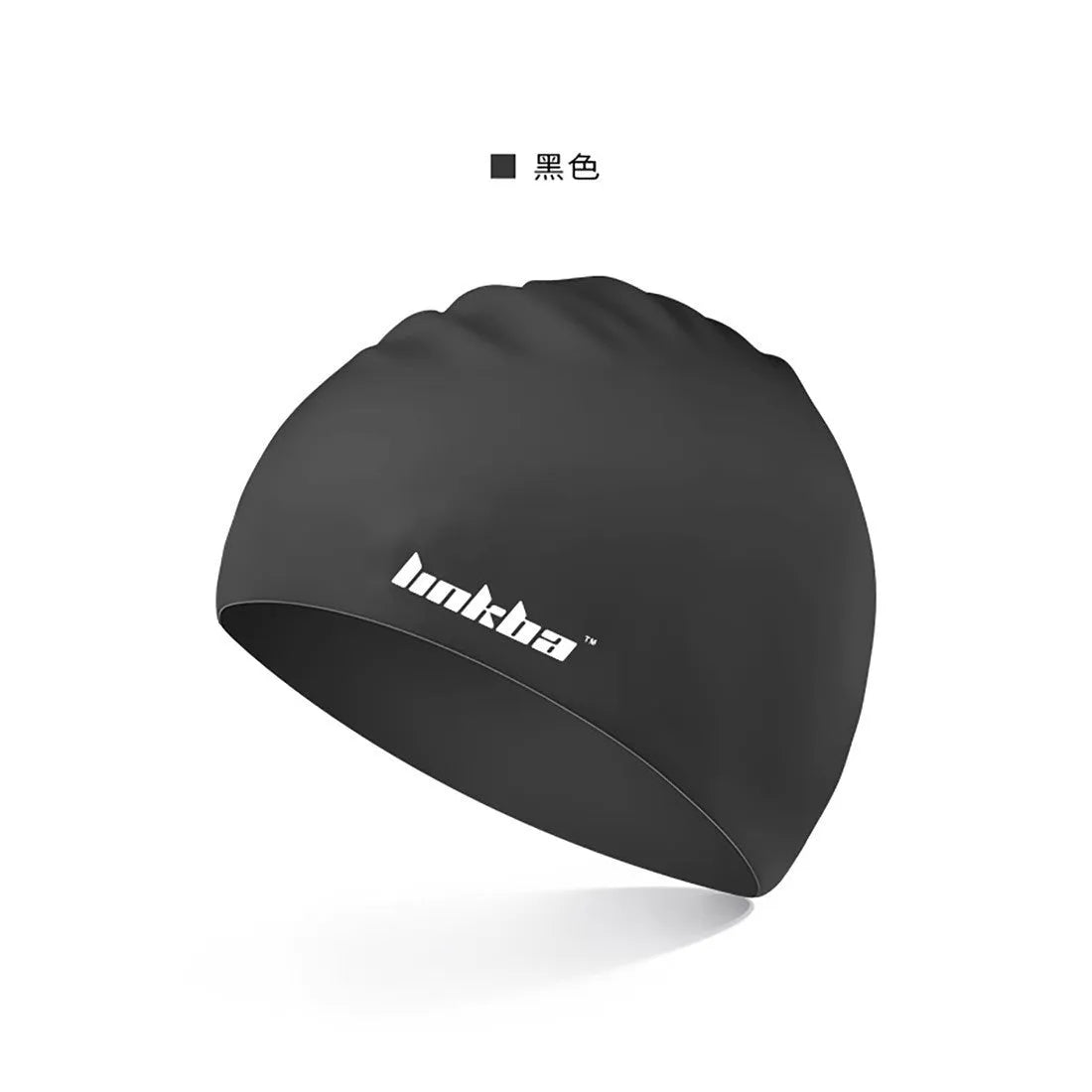 Silicone swimming cap with integrated waterproof earmuffs in multiple colours featuring a printed letter pattern.