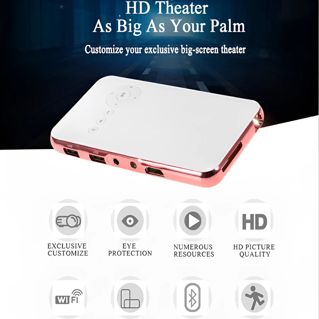 White Rose Gold M6S miniature portable DLP Android projector showing compact size and design.