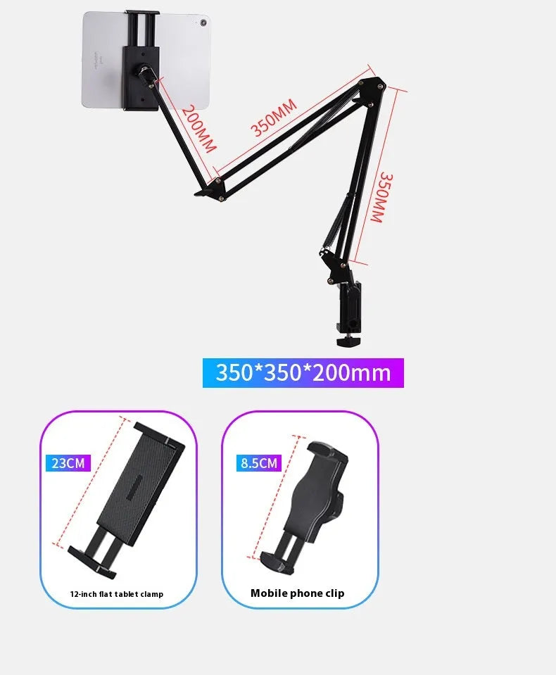 Black foldable metal cantilever bracket holding a tablet, showing its adjustable arms and clip.