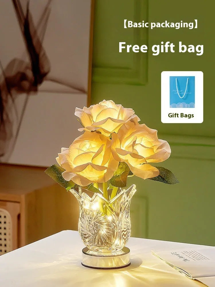 Modern crystal flowers design table lamp with touch dimmer control on wooden surface