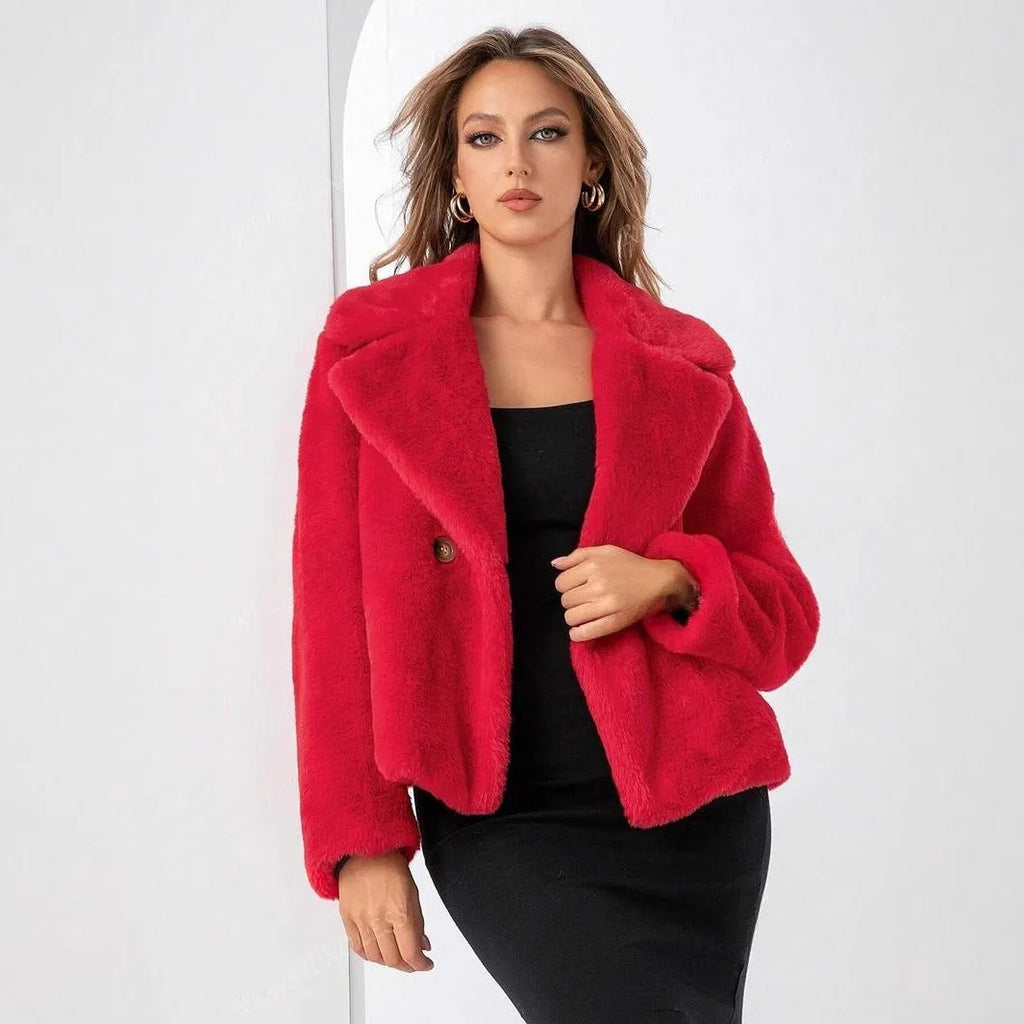Rose red women's short faux fur coat with a loose fit and regular sleeves on a hanger.