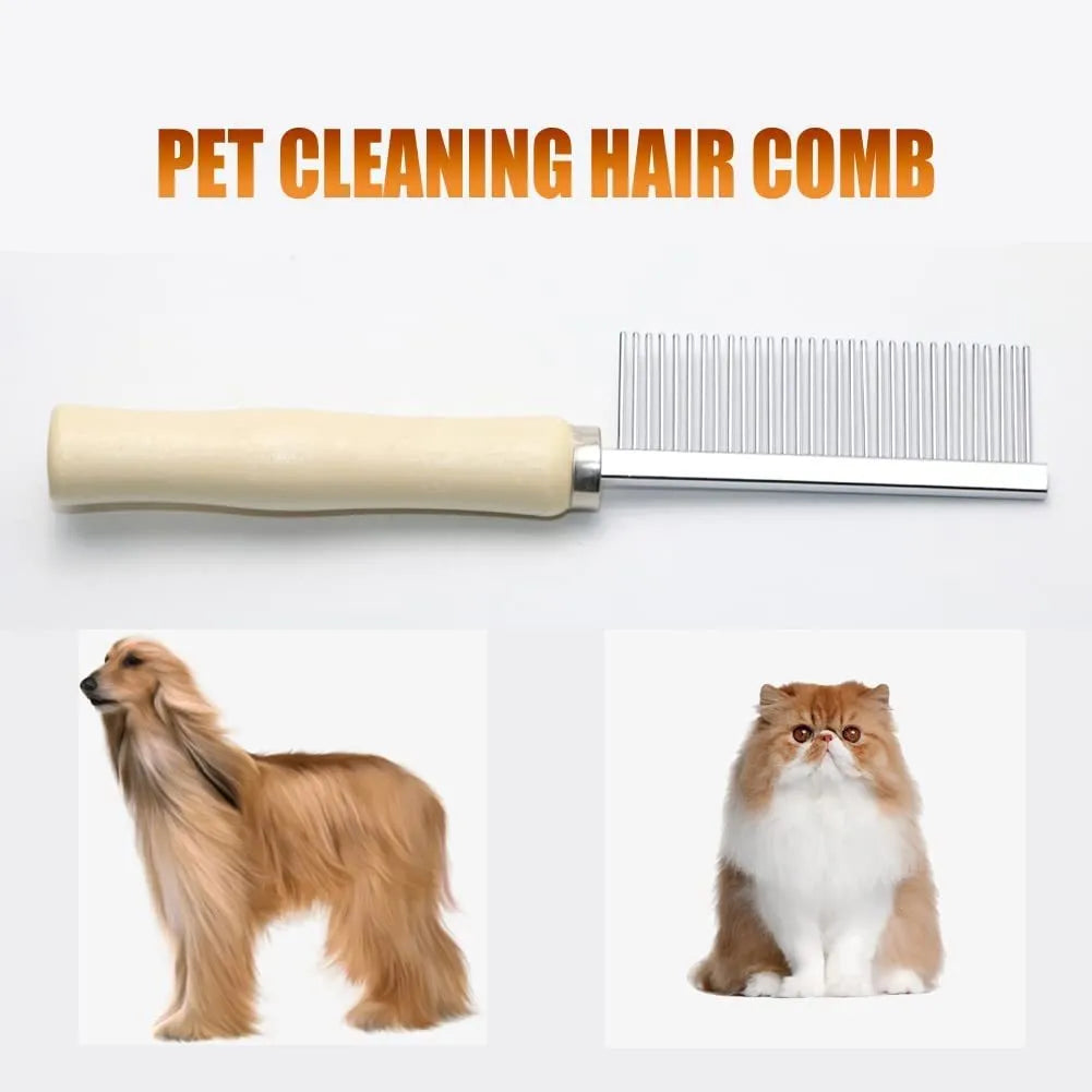 Wooden handle pet grooming comb for dogs and cats in single, double, and high-low tee designs.